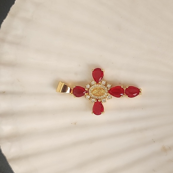 Gold Steel Cross Pendant Crystal Simulated Red Ruby Stones and Virgin Ma… - Picture 8 of 8
